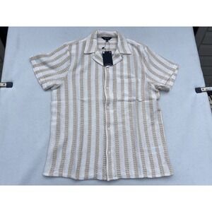 South Beach Mens Medium Knit Button Down Short Sleeve Shirt Beige Cream‎